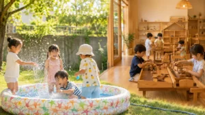園庭の水遊びと木のおもちゃの室内遊びを楽しむ子どもたち