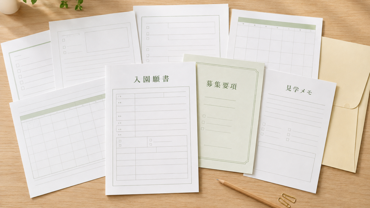 幼稚園の入園願書や募集要項、見学メモなど入園準備書類のイメージ